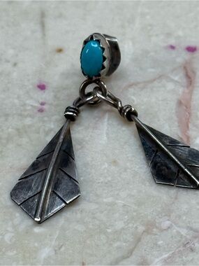 Navajo Indian Turquoise Feather Drop Silver Single Earring
